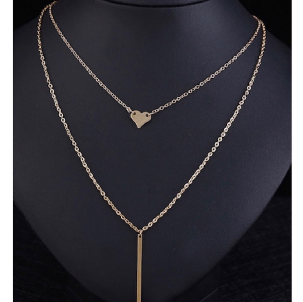 Trendy Layered Gold Heart and Bar Necklace